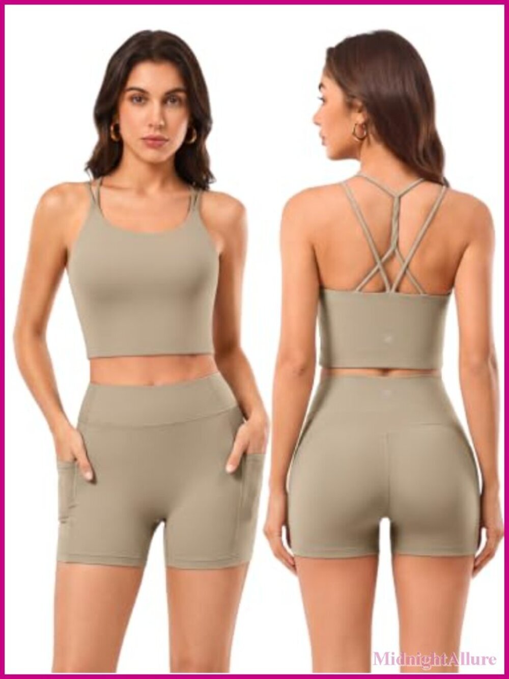 2 Piece Workout Sets Cross Back Longline Tank Top Padded Strappy High Waisted